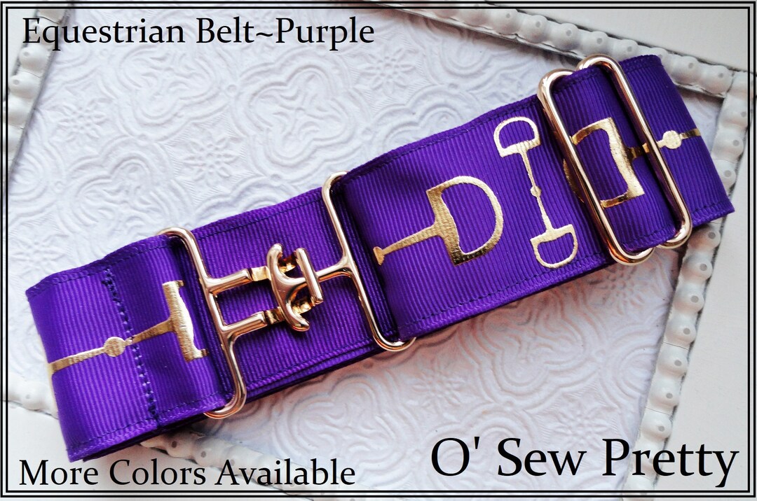 Equestrian Belt, Sparkly GOLD FOIL Snaffle Bit Belt, Purple Horseback Rider Belt, Horse Show