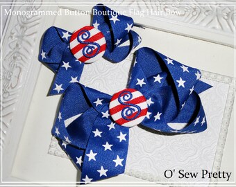 Monogrammed button Bow, Personalized Fourth of July Hair bows, Patriotic Hair Bows, Nautical Hair Bows, Flags, Red white and Blue Hair Bows