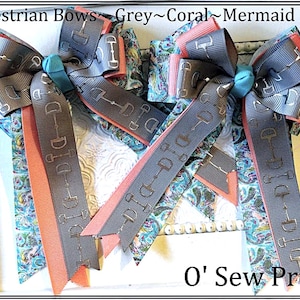 Equestrian Hair Bows, Equestrian Show Bows, Coral and Grey Horse Show Bows, Show Bows, Short Stirrup Bows, Lead line Bows, Equestrian Bows,