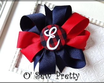 School Uniform Plaid Hair Bow, Monogrammed Button