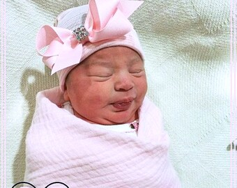 Pink Newborn Hat, Baby Girl Hospital Cap with Bow