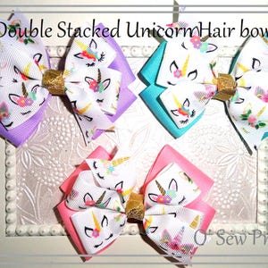 Unicorn Hair Bow, Double Stacked Pastel Ribbon, Birthday Party