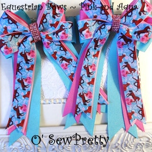 Equestrian Hair Bows, Short Stirrup Bows, Leadline Bow, Pink and Aqua bows, Bows for the show ring, Equestrian Gift, Fancy pony show bows