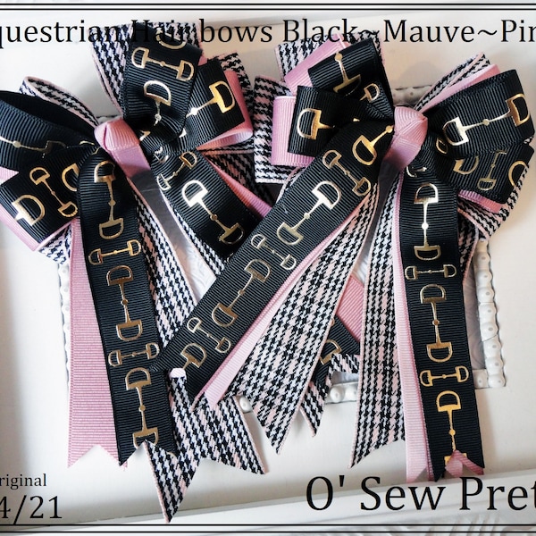 Equestrian Hair bows, Black snaffle bit horse show bows, Mauve and black Plaid horse show bows, Shorty Bows, Leadline bows, Equestrian Gifts