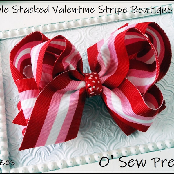 Valentine's Day Hair Bows, Pink, White and stripe hair bow, Stacked Boutique bow.