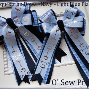 Equestrian Bows, Blue snaffle bit Horse Show Bows, Blue Plaid Show Bows, Short Stirrup Bows, Leadline Bows, Equestrian Hair Bows,