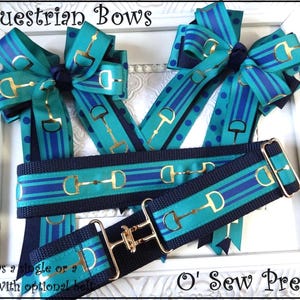 Equestrian Hair Bows, Navy & Teal, Horse Show Ribbon, Optional Belt