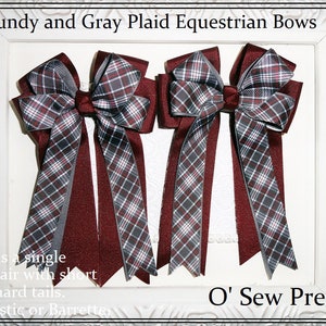 Back to school hair bows, Maroon and gray Plaid Bows, burgundy Hair bows, Equestrian bows, bowa for school, leadline bows, Fancy pony bows