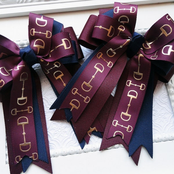 Bows for Equestrian shows, maroon and navy Horse show bow, Equestrian gift, Leadline bows, shadbelly bows, bows for the shows, Pigtail bows,