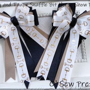 EQUESTRIAN HAIR BOWS, Snaffle Bit Horse Show Bows, Sparkly Tan and Navy Show Bows, Fancy Hair Bows, Short Stirrup Bows, Leadline Bows,
