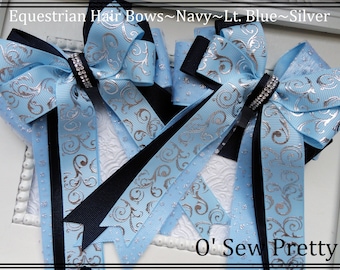 Horse Show Bows, Equestrian Bows, Navy Light Blue Show Bows, Shade belly bows, Short Stirrup bows, Equestrian Gift, Bows for the horse shows