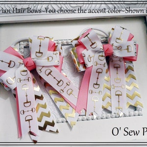Equestrian Show Bows, Pink/ Gold and  White Equestrian Bows, Horse Show Bows, Short Stirrup, Lead line Bows, Show Bows  Classic Bowdangle tm