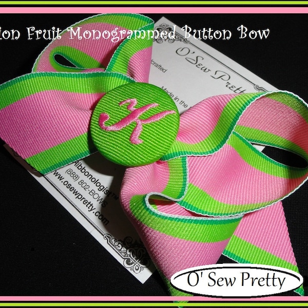 Monogrammed Button Hair Bow, Initialed Pink and Lime Green hair bow, Personalized hair bows, Hot Pink and Green bows, Initialed hair bows
