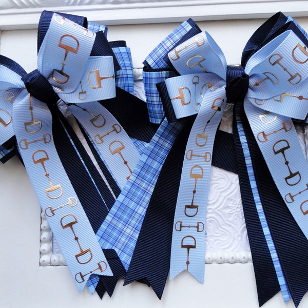 Equestrian Hair bows, horse show bows, Navy and blue plaid horse show bows, Shorty Bows, Leadline bows, Equestrian Gifts