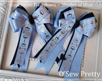 Equestrian Bows, Shades of Blue horse Show Bows, Short Stirrup Bows, Leadline Bows, Equestrian Hair Bows, Blue snaffle bit Horse Show Bows,