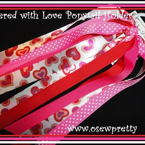 Valentine's Day Ponytail Streamer, Spring hair bows, Layered with love ponytail holder, red and pink hearts hair bows