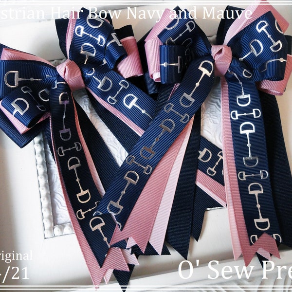 Equestrian Hair bows, navy snaffle bit horse show bows, Mauve and navy horse show bows, Shorty Bows, Leadline bows, Equestrian Gifts