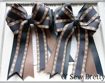 Equestrian Show Hair Bows, Grey and Tan, Pigtail Bows