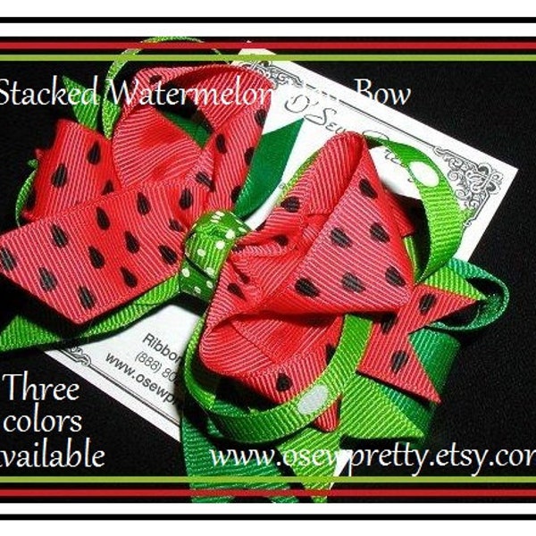 Watermelon print hair bow, Summer HAIR BOWS, Red and Apple Green Hair Bows, watermelon seeds,custom hair bows,stacked hair bows,picnic bows