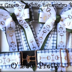 Equestrian Bows, Moss Green and white Snaffle Bit Horse Show Bows, Show Bows, Short Stirrup Bows, Leadline Bows, Equestrian Hair Bows,