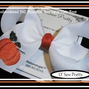 Fall Hair Bows, embroidered pumpkin on a hair bow, Thanksgiving hair bows, Fall Hair Bows, Embroidered hair bow, Halloween hair bow, Pumpkin