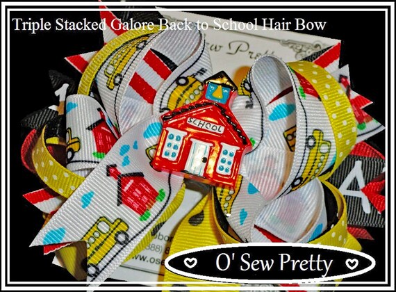 Back to School Hair Bow, Stacked Ribbon, School Charm