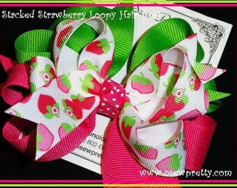 Summer Hair bows, Pink and red Strawberry Hair Bow, Girls hair bows, Hot Pink and Green Hair Bows, Hair Accessories,