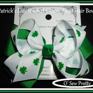 St. Patrick's Day Hair Bows, Irish Hair Bows, Shamrock Hair Bows, Stacked Emerald Green Hair bows, Four leaf clover hair bow,