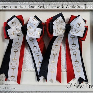 Equestrian Bows, Black red and white Snaffle Bit Horse Show Bows, Show Bows, Short Stirrup Bows, Lead line Bows, Equestrian Hair Bows,