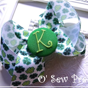 St. Patrick&#39;s Day Hair bow, Irish hair Bows, Shamrock hair bows, Monogrammed Button Hair Bow, Initialed Hair Bows, Emerald Green Hair Bows