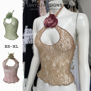 Patrón de costura digital para top con escote halter y escote en forma de cerradura con flores románticas en forma de rosa en formato PDF (A4 + Carta de EE. UU.) apto para principiantes seguros ~ encaje o elástico