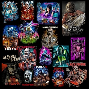 May include: A collage of horror movie posters featuring iconic characters and titles such as "The Cabin", "Texas Chainsaw", "Halloween", "Scream", "Jeepers Creepers", "Terrifier", "Black Phone", and "Puppet Master".