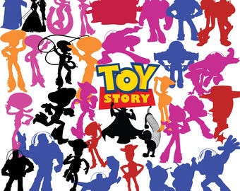 May include: A collection of 220+ silhouette images of characters from the Toy Story franchise. The characters are in various poses and include Woody, Buzz Lightyear, Jessie, and others. The text "TOY STORY" is in the center of the image.