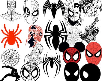 May include: A collection of black and red Spider-Man themed SVG and PNG files. The images include a spider, a spider web, a spider-man mask, and a spider-man character.