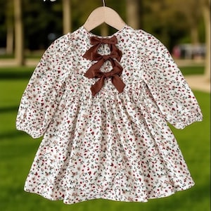 Floral Toddler Dress: Vintage Style, Red Floral Print with Brown Satin Bows