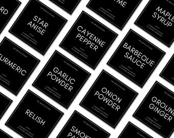 Etiquetas personalizables para despensa. Plantilla de Canva editable e imprimible. Plantilla de etiquetas adhesivas para frascos de especias. Etiquetas minimalistas negras para despensa.