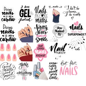 Puede incluir: Una colección de pegatinas de arte de uñas con varios diseños y texto. Las pegatinas presentan frases como "Doing nails is my cardio", "Pretty nails make me smile" y "Eat, sleep, nails, repeat". Los diseños incluyen botellas de esmalte de uñas e ilustraciones de manos.