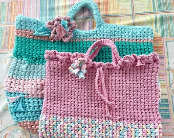 Tasche Shopper upcycling Blüte Häkeln Gehäkelt Korb Henkeltasche Einkaufskorb Unikat Einzelstück Geschenk Baby Dekoration Strand Sommer