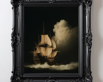 Gothic Ghost Ship Wall Art: Dark Nautical Seascape Print, Stormy Ocean Painting, Dark Academia Decor, Printable Wall Art (Digital Download)