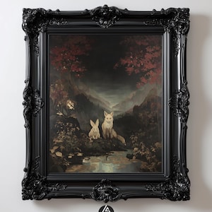 Dark Academia Fox and Rabbit Print: Dark Woodland Animal Art, Cottagecore Goth Wall Decor, Moody Forest Pond Painting (Instant Download)