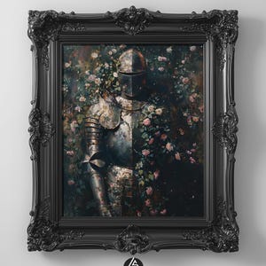 Empty knight armour in a floral garden, medieval dark academia art print. Gothic home decor.