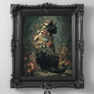 Gatto Nero Botanico: Stampa Dark Academia con Fiori Selvatici e Funghi, Arte Gotica da Parete con Gatto, Stile Olio Vintage (Download Immediato)