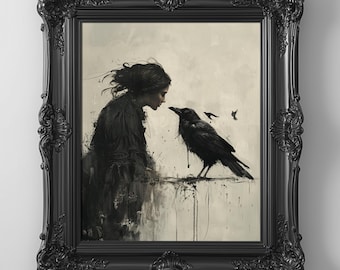 Gothic Princess and Raven: Dark Academia Wall Art, Gothic Romance Print, Dark Oil Painting Art, Moody Victorian Art (Instant Download)