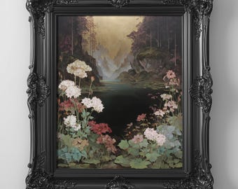 Moody Floral Landscape Print: Dark Botanical Lake Art, Romantic Gothic Wall Decor, Vintage Garden Painting (Printable Download)