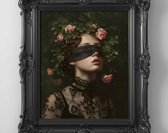 May include: A framed portrait of a woman wearing a black blindfold and a floral crown. The portrait is in a black ornate frame. The woman is wearing a black lace top. The background is dark with green foliage.