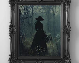 ダーク・アカデミア・ウーマン・プリント：ムーディーなゴシック・フォレストの油絵（即時ダウンロード）