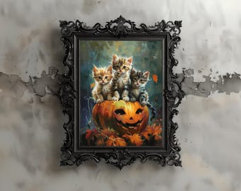Lámina artística de gatos góticos de Halloween: Gatitos espeluznantes sobre una calabaza (descarga digital)