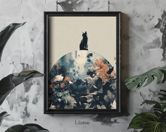 Black Cat Botanical Globe Print: Surreal Feline Art (Instant Download)