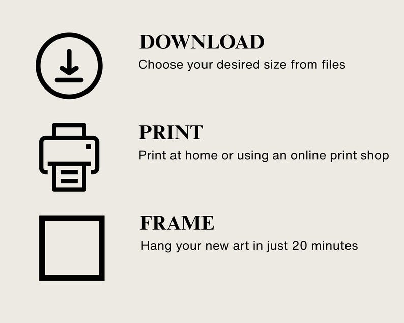 May include: A beige graphic with black icons and text. The text includes "DOWNLOAD", "PRINT", and "FRAME". Instructions are provided for downloading, printing, and framing art. The image suggests a simple process for acquiring and displaying art.