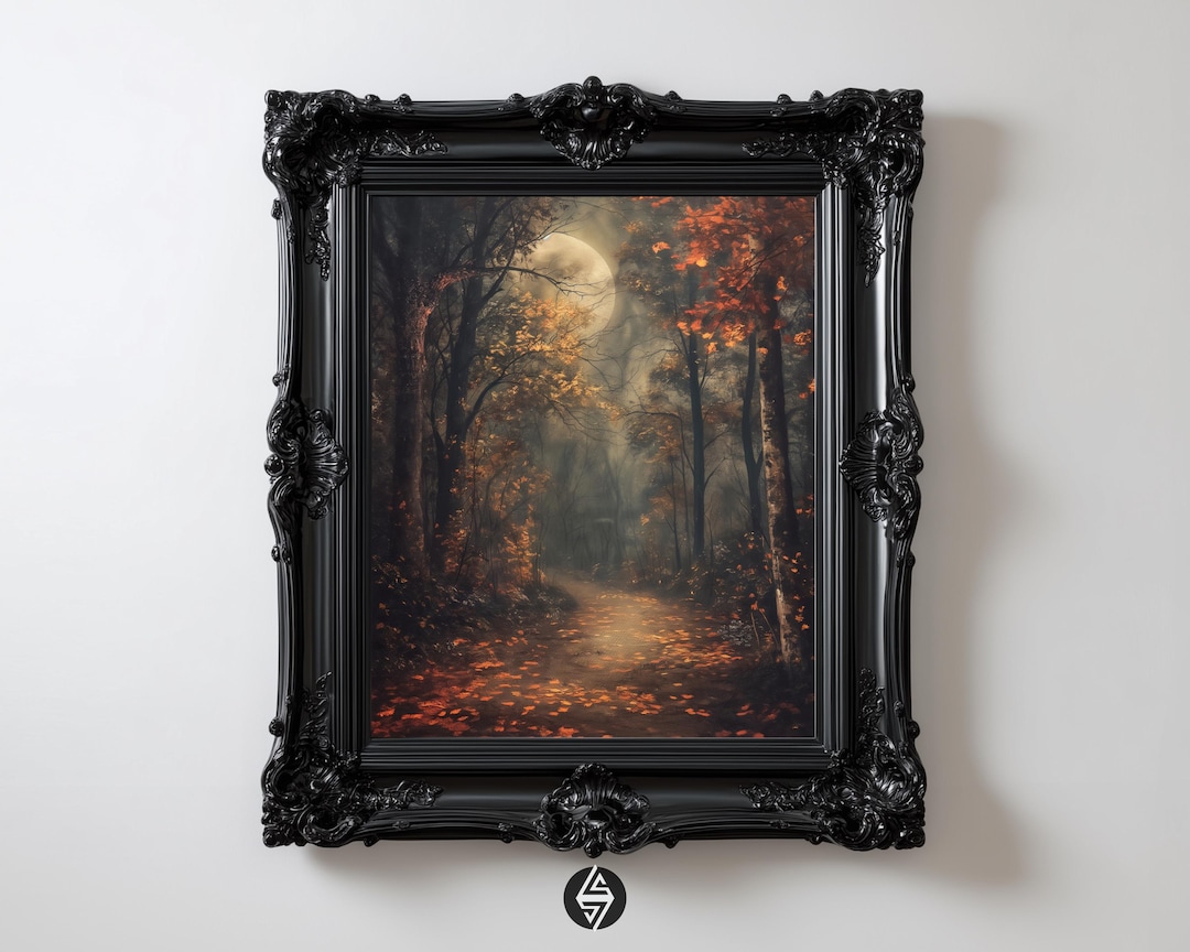 Dark Autumn Forest Print: Gothic Full Moon Landscape, Fall Forest Art ...